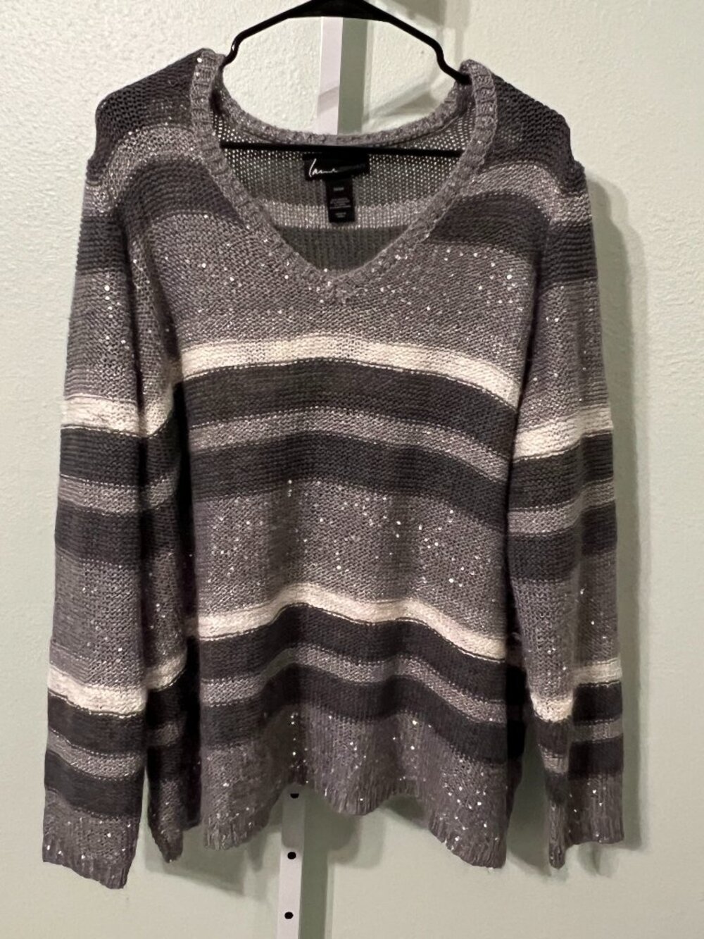 Lane Bryant Grey-Striped Scattered Sequins V-Neck Sweater SZ 26/28